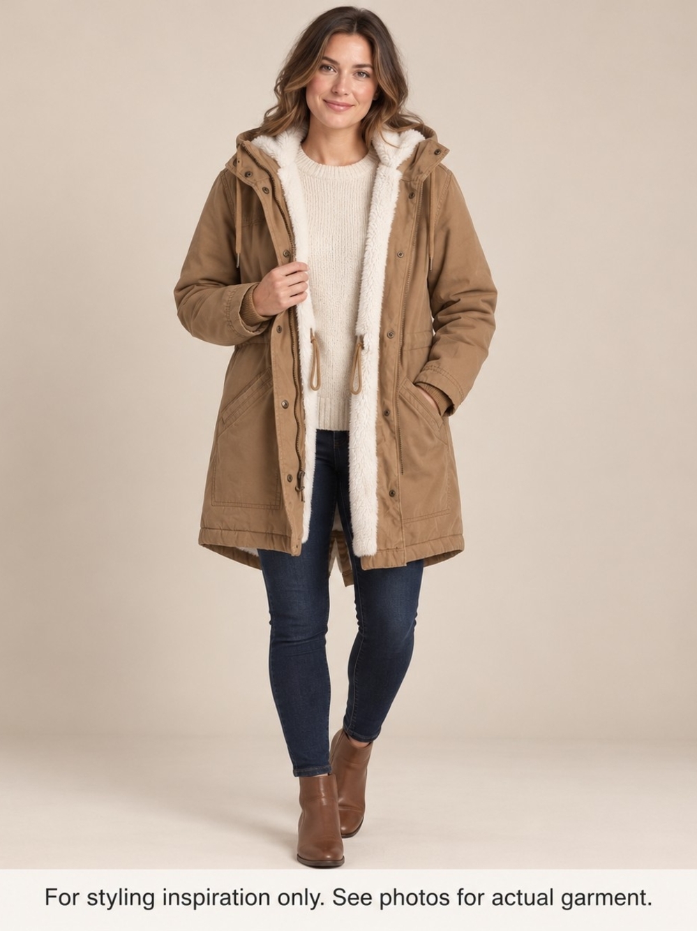 Old Navy- Medium -Tan Sherpa-Lined Hooded Utility Parka Coat